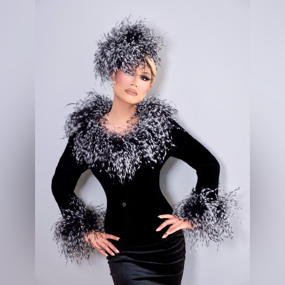 Bob Mackie Jackets & Blazers - Bob Mackie Black Velvet Jacket with Ostrich Feather Trim